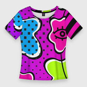 Женская футболка 3D Slim с принтом Яркий абстрактный узор в стиле 90х, неоновые цвета в Курске,  |  | Тематика изображения на принте: 90 | 90х | 90ые | pop art | амебы | геометрический | глаз | глаза | кислотные | кляксы | неон | неоновый | поп | поп арт | пятна | розовый | салатовый | сетка дот | яркий