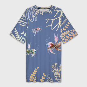 Платье-футболка 3D с принтом Разноцветные акварельные рыбки с морскими водорослями в Курске,  |  | акварельные водоросли | акварельные рыбки | акварельный дизайн | акварельный принт | аквариум | аквариумные рыбки | морской | морской дизайн | разноцветные водоросли | разноцветные рыбки