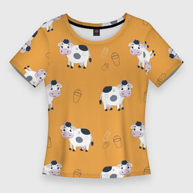 Женская футболка 3D Slim с принтом Веселые коровки с ведрами молока в Курске,  |  | cow | cows | бидон | бидон молока | ведерко | ведро | де | детский | детский принт | домашние животные | животные | животные для детей | корова | коровка | коровы | милая корова | милый | молоко | мультики