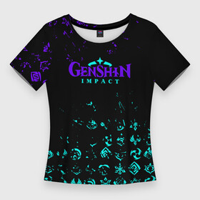 Женская футболка 3D Slim с принтом GENSHIN NEON PATTERN SYMBOL НЕОН ЭМБЛЕМЫ. в Курске,  |  | genshin impact | razor genshin impact | аниме | геншин | геншин импакт | игра | рэйзор геншин | сяо лин genshin | ци ци геншин импакт