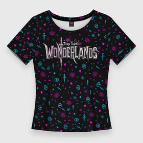 Женская футболка 3D Slim с принтом Tiny Tinas Wonderlands (logo and pattern) в Курске,  |  | borderlands | wonderlands | бордерлендс | вондерлендс | тина