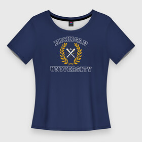 Женская футболка 3D Slim с принтом Michigan University, дизайн в стиле американского университета на синем фоне в Курске,  |  | Тематика изображения на принте: est | michigan | university | америка | американские университеты | американский колледж | американский спорт | биты | колледж | мяч | спорт | сша | университеты америки