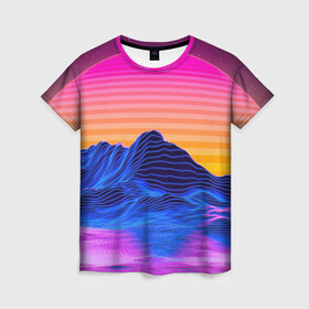 Женская футболка 3D с принтом РЕТРО НЕОН | CYBERPUNK в Курске, 100% полиэфир ( синтетическое хлопкоподобное полотно) | прямой крой, круглый вырез горловины, длина до линии бедер | background | cyberpunk | mountains | neon | retro | space | stars | sun | горы | звезды | киберпанк | космос | неон | ретро | солнце | фон