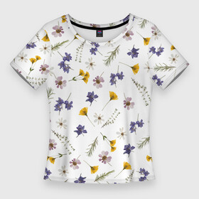 Женская футболка 3D Slim с принтом Простые цветы на белом фоне в Курске,  |  | белый фон | василек | весна | веточки | детский принт | летний принт | лето | милый принт | наивный принт | пионы | простые цветы | разноцветные цветы | ромашки | сирень | цветочки | цветочный дизайн