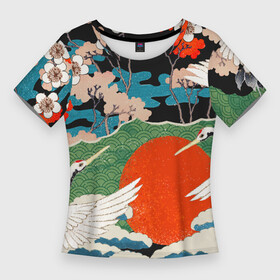 Женская футболка 3D Slim с принтом Воспоминания об Японии в Курске,  |  | аисты | искусство | картина | пейзаж | япония