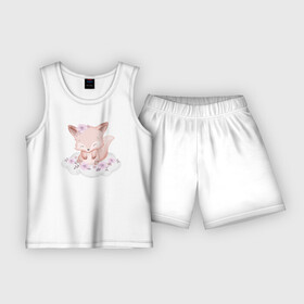 Детская пижама с шортами хлопок с принтом Милый Лисёнок Сидит На Облаке в Курске,  |  | animals | beast | cute | fox | животные | звери | лиса | лисёнок | милый