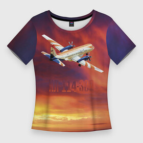 Женская футболка 3D Slim с принтом Самолет Ил 114 300. в Курске,  |  | civil | clouds | fiery | flies | ilyushin design bureau | orange sky | plane | sunset | гражданский | закат | ил 114 300 | летит | облака | огненный | окб ильюшина | оранжевое небо | самолет