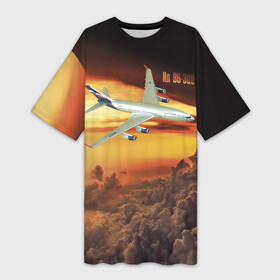 Платье-футболка 3D с принтом Гражданский самолет Ил 96 300 в Курске,  |  | civil | clouds | flies | ilyushin design bureau | orange sky | plane | sunset | гражданский | закат | ил 96 300 | летит | облака | окб ильюшина | оранжевое небо | самолет