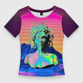 Женская футболка 3D Slim с принтом Gorgon Medusa  Vaporwave  Neon  Mountains в Курске,  |  | color | face | gorgon | medusa | neon | snake | vaporwave | горгона | змея | лицо | медуза | неон | цвет