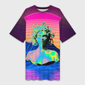 Платье-футболка 3D с принтом Gorgon Medusa  Vaporwave  Neon  Mountains в Курске,  |  | color | face | gorgon | medusa | neon | snake | vaporwave | горгона | змея | лицо | медуза | неон | цвет