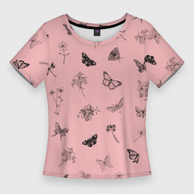 Женская футболка 3D Slim с принтом Цветочки и бабочки на розовом фоне в Курске,  |  | бабочки | весна | для девочек | летний принт | лето | милый дизайн | насекомые | пчелы | розовый | ромашки | стрекоза | цветочки | цветочный принт | цветы | черные бабочки