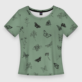 Женская футболка 3D Slim с принтом Цветочки и бабочки на зеленом фоне в Курске,  |  | бабочки | весна | для девочек | летний принт | лето | милый дизайн | насекомые | пчелы | розовый | ромашки | стрекоза | цветочки | цветочный принт | цветы | черные бабочки