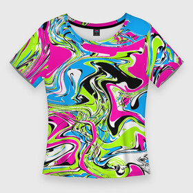 Женская футболка 3D Slim с принтом Абстрактные мраморные разводы в ярких цветах. Поп арт в Курске,  |  | Тематика изображения на принте: 90ые | абстрактный | белый | волны | зеленый | мрамор | неоновые цвета | поп арт | разводы | розовый | стиль 90х | черный | яркие цвета | яркий
