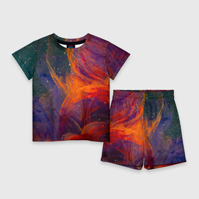 Детский костюм с шортами 3D с принтом Разноцветный абстрактный дым в Курске,  |  | Тематика изображения на принте: абстракция | блестки | дым | звезды | красный | пыль | разноцветный | синий