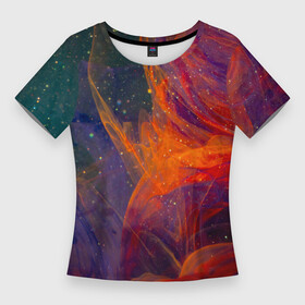 Женская футболка 3D Slim с принтом Разноцветный абстрактный дым в Курске,  |  | абстракция | блестки | дым | звезды | красный | пыль | разноцветный | синий