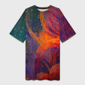 Платье-футболка 3D с принтом Разноцветный абстрактный дым в Курске,  |  | абстракция | блестки | дым | звезды | красный | пыль | разноцветный | синий