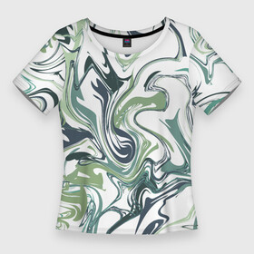 Женская футболка 3D Slim с принтом Зеленый мрамор. Абстрактный узор с прожилками и разводами в оттенках зеленого в Курске,  |  | абстракция | белый фон | волны | завитки | зеленый | мрамор | мраморная текстура | мраморный | прожилки | разводы | салатовый | темнозеленый