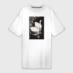 Платье-футболка хлопок с принтом White Chinese Geese Swimming by Reeds в Курске,  |  | japan | ohara koson | винтаж | гуси | искусство | картины | культура японии | охара косон | природа | пруд | птицы | япония | японская культура
