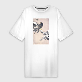 Платье-футболка хлопок с принтом Goshawk on Snow covered Pine Bough в Курске,  |  | japan | ohara koson | винтаж | искусство | картины | культура японии | природа | птицы | япония | японская культура | ястреб