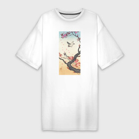 Платье-футболка хлопок с принтом Two Great Tits at Blossoming Tree в Курске,  |  | japan | ohara koson | искусство | картины | культура японии | охара косон | синица | япония | японская | японская анимация | японская культура | японская эстетика | японский стиль