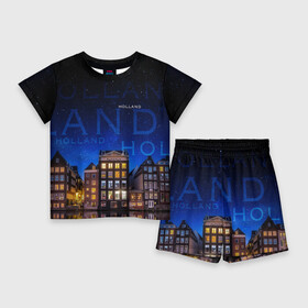 Детский костюм с шортами 3D с принтом Голландия в ночи в Курске,  |  | город | города | дома | звезды | набережная | надписи | надпись | ночь | отдых | отпуск | путишествие | река | с домами | с домиками | синий | старый город | темно   синий | тур | фото
