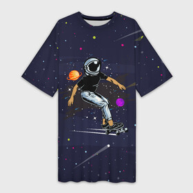 Платье-футболка 3D с принтом Космонавт  скейтбордист в Курске,  |  | вселенная | звезды | космонавт | космонавт   скейтбордист | космос | планета | скет
