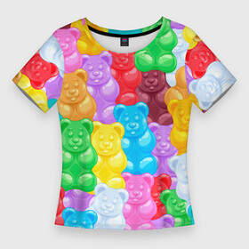 Женская футболка 3D Slim с принтом мармеладные мишки разноцветные в Курске,  |  | background | bear | bears | colorful | gummy bears | haribo | marmalade | multicolor | sweets | мармелад | мармеладные мишки | медведи | медведь | мишки | мультицвет | разноцветный | сладости | фон | харибо