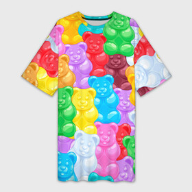 Платье-футболка 3D с принтом мармеладные мишки разноцветные в Курске,  |  | Тематика изображения на принте: background | bear | bears | colorful | gummy bears | haribo | marmalade | multicolor | sweets | мармелад | мармеладные мишки | медведи | медведь | мишки | мультицвет | разноцветный | сладости | фон | харибо
