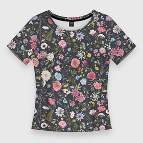 Женская футболка 3D Slim с принтом Разные цветы листья травы на темном фоне в Курске,  |  | Тематика изображения на принте: гортензия | листья | луговые цветы | много цветов | папоротник | пион | полевые цветы | разные цветы | растительный | роза | цветочный | цветы