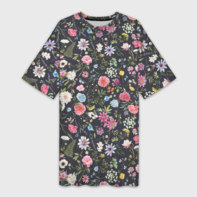 Платье-футболка 3D с принтом Разные цветы листья травы на темном фоне в Курске,  |  | гортензия | листья | луговые цветы | много цветов | папоротник | пион | полевые цветы | разные цветы | растительный | роза | цветочный | цветы