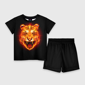 Детский костюм с шортами 3D с принтом ПЫЛАЮЩИЙ ТИГР в Курске,  |  | 2022 год тигра | зверь | огонь | пламя | пылающий тигр | тигр | хищник