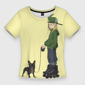 Женская футболка 3D Slim с принтом Девочка и собака улыбака в Курске,  |  | Тематика изображения на принте: бульдог | девушка | мопс | ролики | роллер | смайл | собака | тинейджер | улыбка