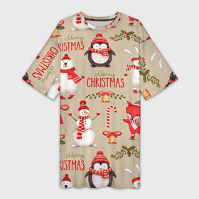 Платье-футболка 3D с принтом СЧАСТЛИВОГО РОЖДЕСТВА ( MERRY CHRISTMAS) в Курске,  |  | дед мороз | елка | заяц | зима | каникулы | лиса | медведь | олени | пингвин | праздник | праздничный | снег | цитата