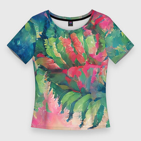 Женская футболка 3D Slim с принтом Тропический микс в Курске,  |  | Тематика изображения на принте: colors | fern | jungle | leaves | multicoloured | palm | summer | tree | деревья | джунгли | летнее настроение | лето | листья | пальма | папоротник | радостный | разноцветный | растения | рисунок | тропики | яркий