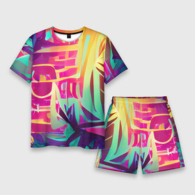 Мужской костюм с шортами 3D с принтом Хиппи вайб в Курске,  |  | bright | colors | happy | hippie | jungle | summer | tropic | vibe | абстракция | вайб | джунгли | красочный | лето | настроение | радостный | разноцветный | счастливый | тропический | фееричный | хиппи | цвета