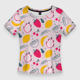 Женская футболка 3D Slim с принтом Fruit Pattern в Курске,  |  | banana | berry | fruit | lemon | pattern | бананы | драконий фрукт | клубника | лимон | паттерн | текстура | фрукты | ягоды