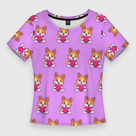 Женская футболка 3D Slim с принтом Милый корги с сердечком  паттерн в Курске,  |  | животные | корги | любовь | милота | паттерн | розовый | сердце | собака