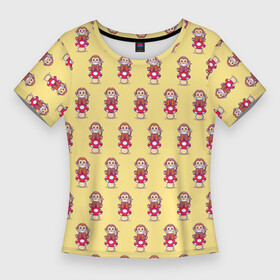 Женская футболка 3D Slim с принтом Обезьянка на грибе в Курске,  |  | гриб | желтый | животное | красный | милота | обезьяна | улыбка