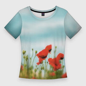 Женская футболка 3D Slim с принтом Маки  небо в Курске,  |  | в поле | красные пятна | мак | маки | небо | небо с цветами | поле | полевые цветы | природа | с маками | с цветами | цветочный принт | цветы