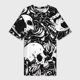 Платье-футболка 3D с принтом черепа и розы на черном фоне в Курске,  |  | background | black | black background | bw | flowers | roses | skeleton | skeletons | skull | skulls | white | белый | розы | скелет | скелеты | фон | цветы | чб | череп | черепа | черный | черный фон