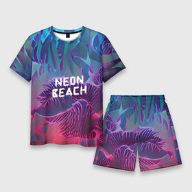 Мужской костюм с шортами 3D с принтом Neon beach в Курске,  |  | beach | blue | bright | colors | fern | gradient | jungle | leaves | multicoloured | neon | palm | purple | red | summer | tree | tropical | градиент | джунгли | красный | лето | неон | пальма | папоротник | пляж | радостный | разноцветный | син