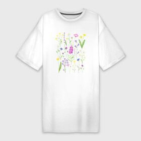 Платье-футболка хлопок с принтом Полевые цветы растения акварелью Ботаника в Курске,  |  | Тематика изображения на принте: акварельная иллюстрация | ботаника | ботанический | василек | иван чай | кипрей | клевер | колокольчик | лаванда | лютик | одуванчик | растения | ромашка | цветы
