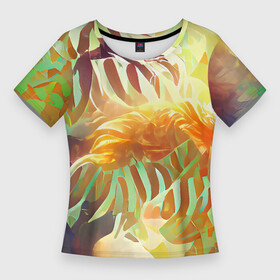 Женская футболка 3D Slim с принтом Fern leaves в Курске,  |  | colors | fern | jungle | leaves | multicoloured | palm | summer | tree | деревья | джунгли | летнее настроение | лето | листья | пальма | папоротник | радостный | разноцветный | растения | рисунок | тропики | яркий