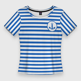 Женская футболка 3D Slim с принтом Морская тельняшка  бело синие полосы и якорь в Курске,  |  | бело синий | вмф | морская тельняшка | моряк | полосатая майка | полоски | тельняшка | якорь