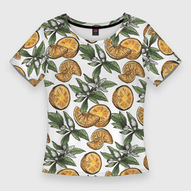 Женская футболка 3D Slim с принтом Узор из тропических апельсинов в Курске,  |  | drawn | fruit | frukt | frukti | frukty | hand | handdrawn | orange | pattern | summer | tropical | апельсины | вручную | лето | паттерн | рисунок от руки | фруктовый узор