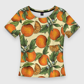 Женская футболка 3D Slim с принтом Узор Апельсиновое настроение в Курске,  |  | drawn | fruit | frukt | frukti | frukty | hand | handdrawn | orange | pattern | summer | tropical | апельсиновый сок | апельсины | вручную | лето | паттерн | рисунок от руки | фруктовый узор | целые апельсины