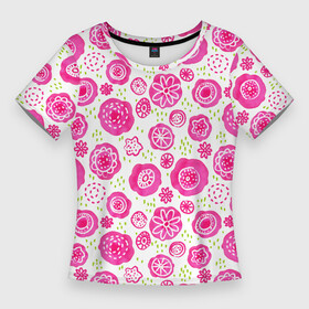 Женская футболка 3D Slim с принтом Яркие розовые цветы в дудл стиле, абстракция в Курске,  |  | акварель | акварельные пятна | весна | дудл | зеленый | каракули | летний паттерн | лето | луг | паттерн | розовый | узор | цветы