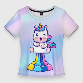 Женская футболка 3D Slim с принтом Взлетающий единорог в Курске,  |  | unicorn | газы | единорог | инрог | лошадь | пук | радуга | существо