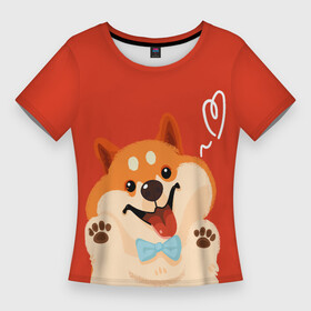 Женская футболка 3D Slim с принтом Милый корги улыбается в Курске,  |  | corgi | вельш корги | корги | милый | собака | щенок