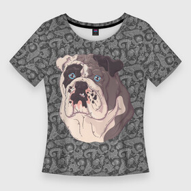 Женская футболка 3D Slim с принтом DOG Морда Бульдога в Курске,  |  | бульдог | пес | песик | собака | собачка